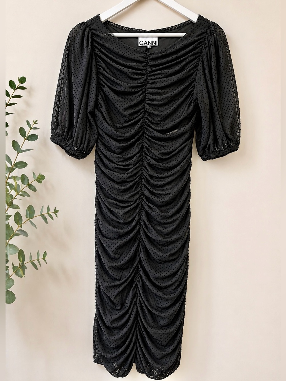 Ganni Black Ruched Midi Dress